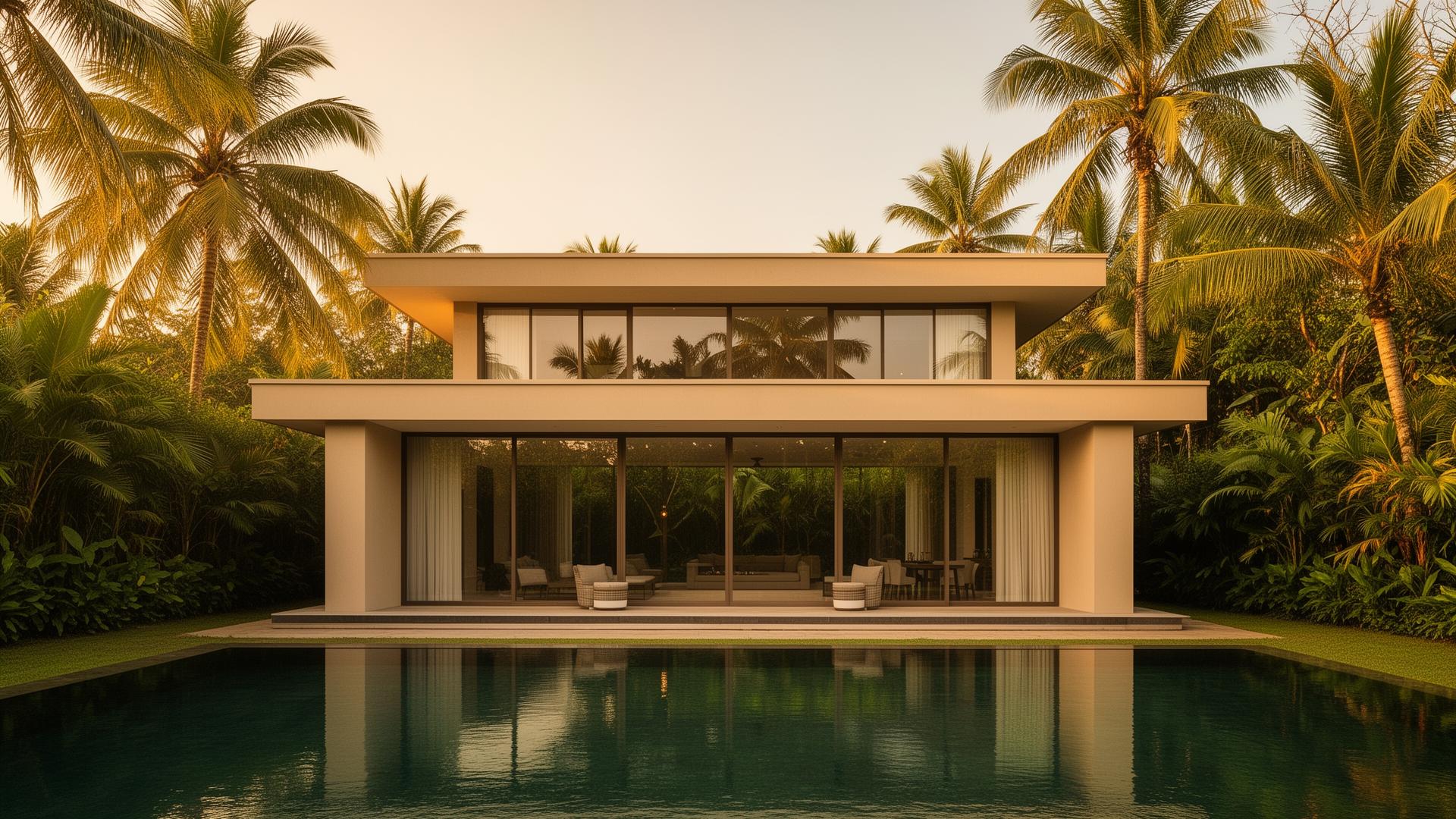 Modern luxury home in Kerala at golden hour