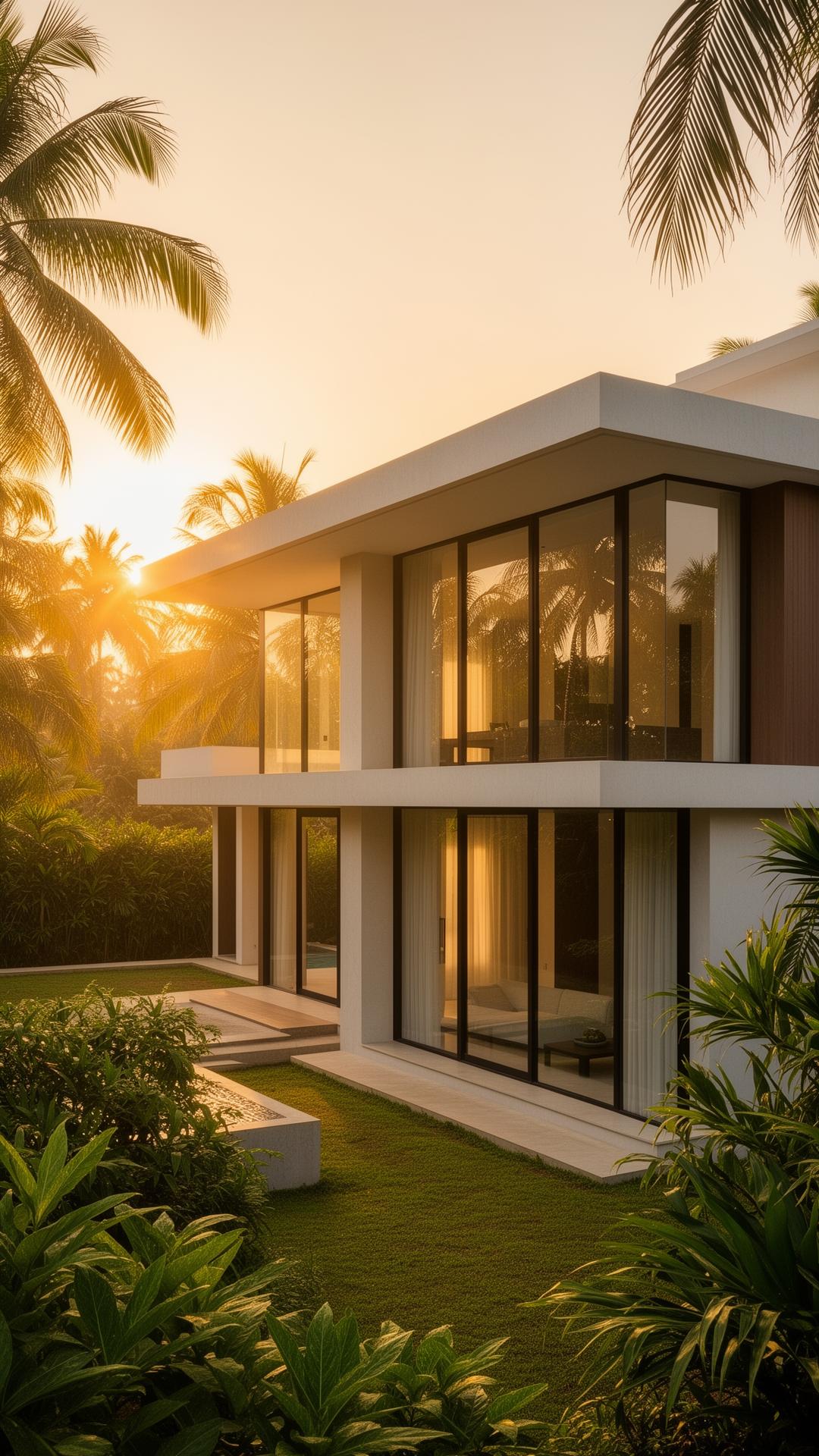 Modern luxury home in Kerala at golden hour